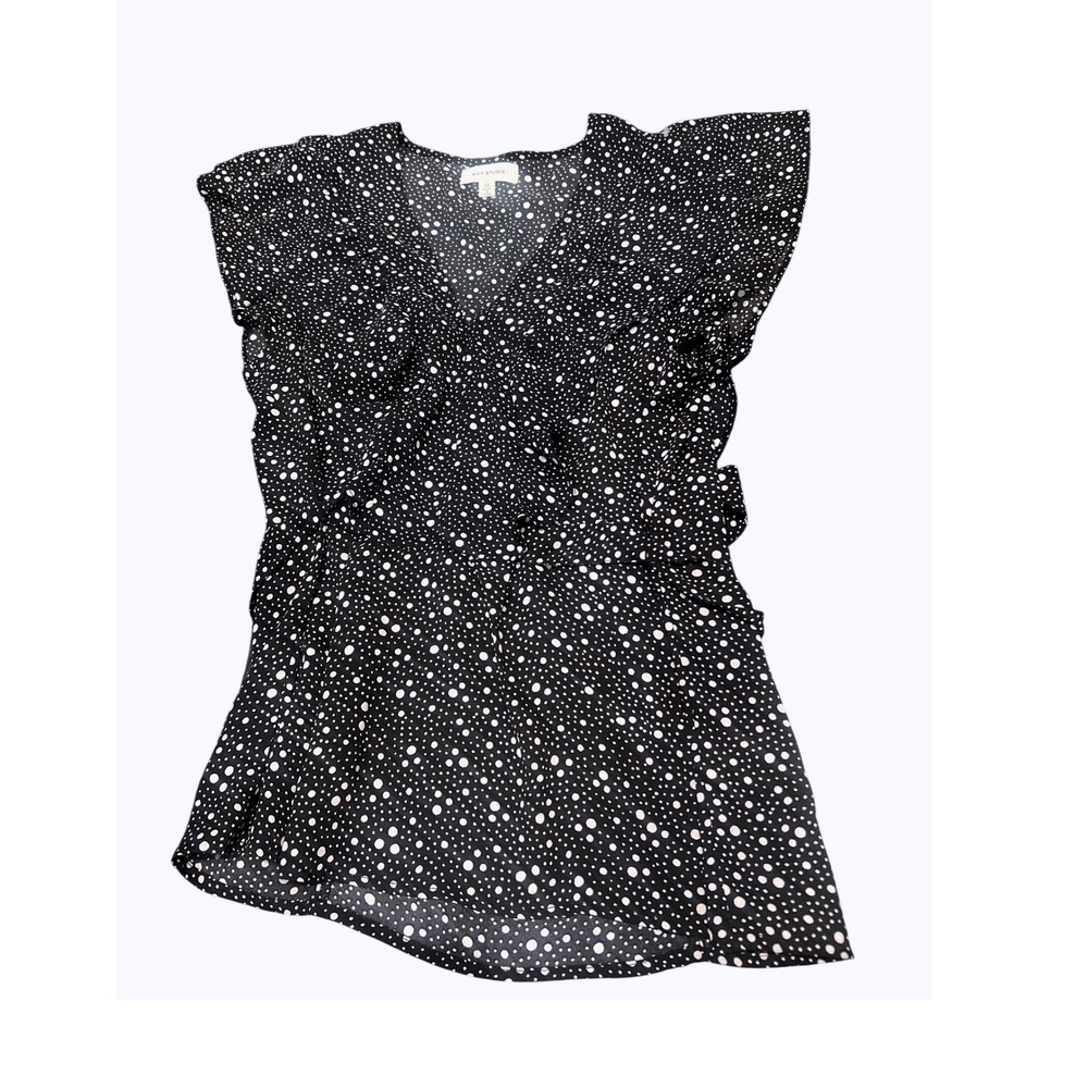 Max Studio Black White Polka Dot Ruffle V-Neck Tie Waist Sleeveless Blouse XS